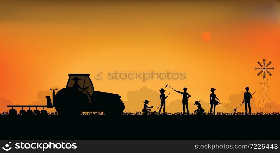 Silhouette of farmer driving a tractor and planting seedings plants vegetables in farmed land, agriculture farmhouse vector illustration.