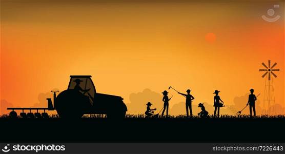 Silhouette of farmer driving a tractor and planting seedings plants vegetables in farmed land, agriculture farmhouse vector illustration.