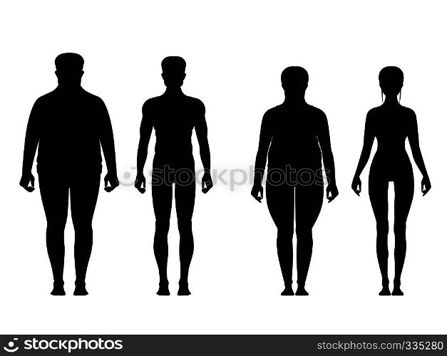 Silhouette of fat and thin peoples. Weight loss of overweight man and fat woman. Vector illustrations isolated. People overweight and black silhouette man and woman with obesity. Silhouette of fat and thin peoples. Weight loss of overweight man and fat woman. Vector illustrations isolate