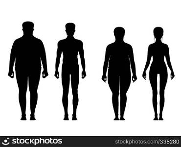 Silhouette of fat and thin peoples. Weight loss of overweight man and fat woman. Vector illustrations isolated. People overweight and black silhouette man and woman with obesity. Silhouette of fat and thin peoples. Weight loss of overweight man and fat woman. Vector illustrations isolate