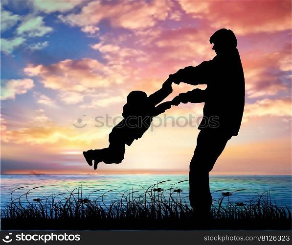 Silhouette Of Father And Son Playing Together At The Beach