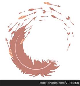 Silhouette of feather and decorative arrows rose gold color design.