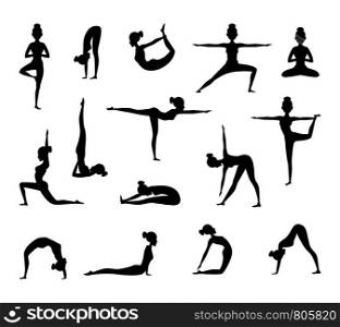 Silhouette of female wich making yoga. Vector collection of sport pictures. Black silhouette yoga female, balance girl figure illustration. Silhouette of female wich making yoga. Vector collection of sport pictures
