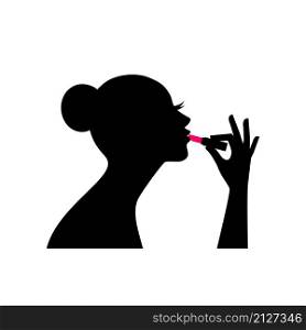 Silhouette of female with lipstick. Romantic model doing face makeup, vector illustration beautiful profile of glamourous young lady with pink lip stick isolated on white background. Silhouette of female with lipstick