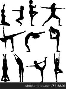 Silhouette of females in various yoga poses