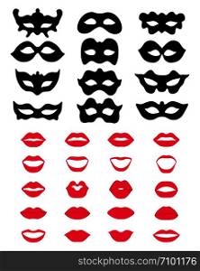 Silhouette of festive masks and lips on a white background