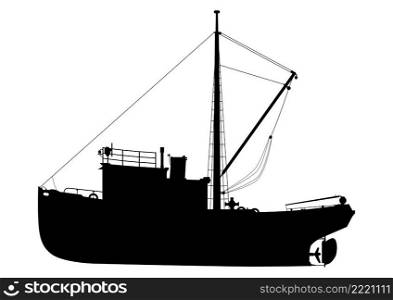 Silhouette of fishing boat. Side view of small fishing trawler. Vector.