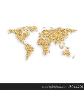 Silhouette of golden world map with shadow, vector illustration.