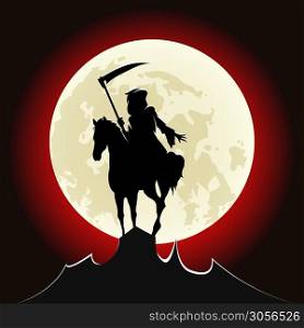 Silhouette of grim Reaper ride a horse on mountain peak against bloody Moon. vector illustration.