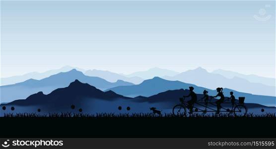 Silhouette of happy family cycling tandem bicycle with blue landscape with silhouettes of misty mountains and hills and tree. Active rest of parents with children cartoon Vector illustration.