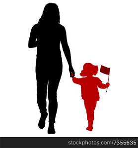 Silhouette of happy family with flag in hand on a white background.. Silhouette of happy family with flag in hand on a white background