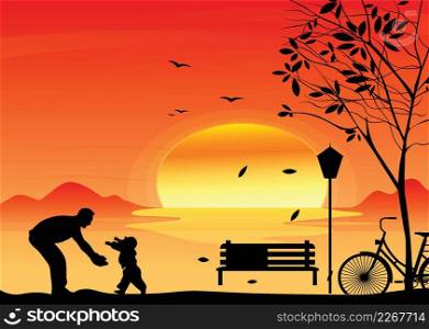 Silhouette of Happy Father and his Little Child Playing at Sunset
