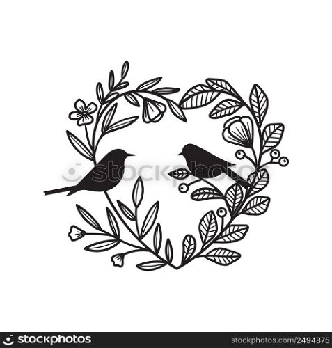 Silhouette of heart or love wreath with birds sitting on branches, Vector floral illustration