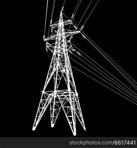 Silhouette of high voltage power lines on black background illustration.. Silhouette of high voltage power lines on black background illustration