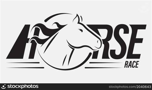 Silhouette of horse head on race. Emblem of horse racing competition. Simple black and white vector isolated on white background