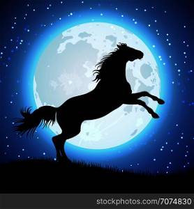 Silhouette of horse on the moon background. Animal in moon light. Vector illustration. Silhouette of horse on the moon background