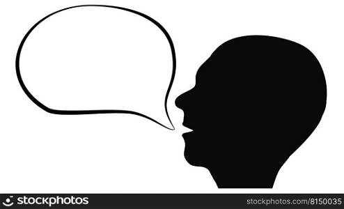 Silhouette of human head with contour empty speech bubble from mouth isolated on white background. Vector design element.. Silhouette of human head with contour empty speech bubble from mouth isolated on white background. Design element.