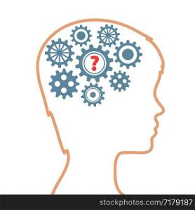 silhouette of human head with gears as brain and sign question, stock vector illustration