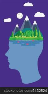 Silhouette of human head with mountains on top, psychology concept illustration.