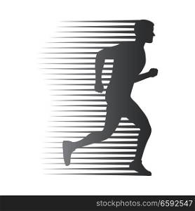Silhouette of isolated running man with moving lines on white. Athletic logotype of quickly running person. Sport lifestyle colourless vector illustration. Motion movement in cartoon style flat design. Silhouette of Isolated Man Run with Moving Lines