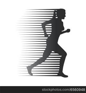 Silhouette of isolated running woman on white background. Fast female person run on high speed. Sport lifestyle colourless vector illustration. Motion movement in cartoon style flat design. Silhouette of Isolated Running Woman on White