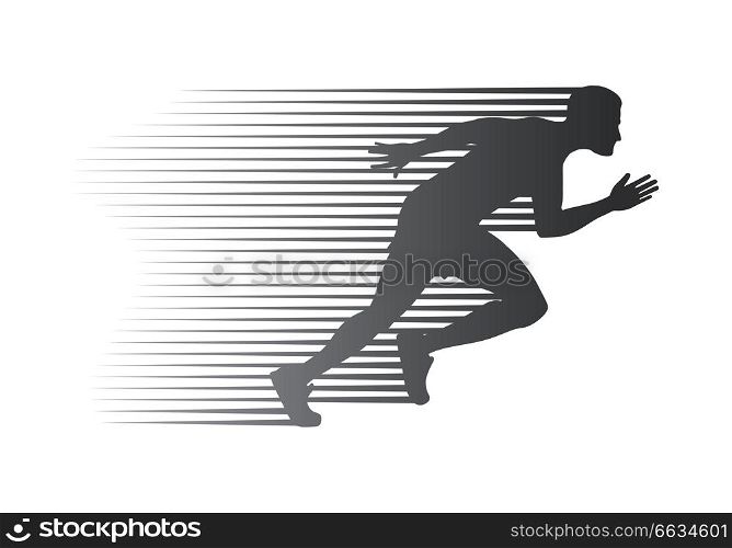 Silhouette of jogger on finish. Athletic running man in movement on white background. Sport lifestyle colourless vector illustration. Motion movement logotype in cartoon style flat design. Silhouette of Jogger on Finish. Athletic Running Man