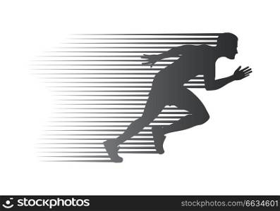 Silhouette of jogger on finish. Athletic running man in movement on white background. Sport lifestyle colourless vector illustration. Motion movement logotype in cartoon style flat design. Silhouette of Jogger on Finish. Athletic Running Man