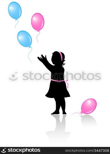 silhouette of little girl with flying colored balloons on a white background