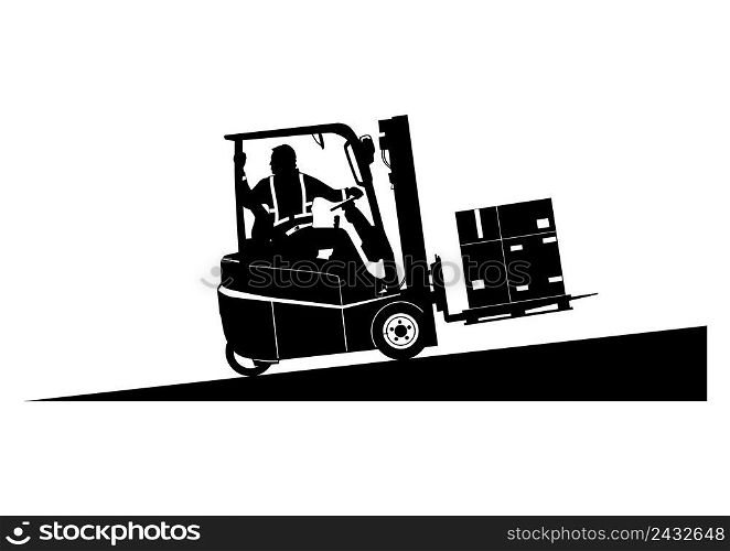 Silhouette of loaded forklift travelling on a slope. Vector.