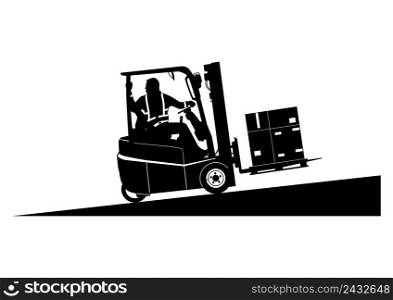 Silhouette of loaded forklift travelling on a slope. Vector.