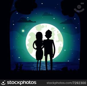 Silhouette of man and woman in love, couple cuddling, shining full moon and stars with clouds, tree and river water, isolated on vector illustration. Silhouette of Man and Woman Vector Illustration