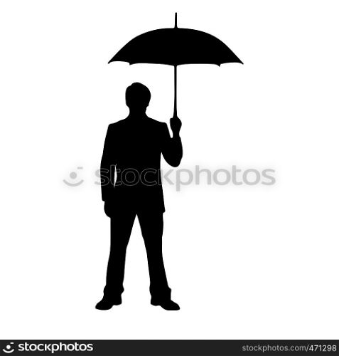 Silhouette of man under umbrella, flat design.