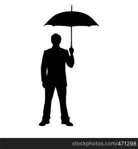 Silhouette of man under umbrella, flat design.
