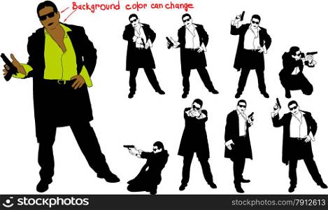 silhouette of man with gun and and suit. Shirt color and body can be easily changed
