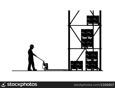 Silhouette of manual pallet jack with operator and load. Side view. Vector.