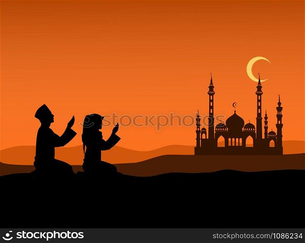 Silhouette of Men and women of Islam sit on the hill to pray at sunset. With Islamic mosque and mountains in the background