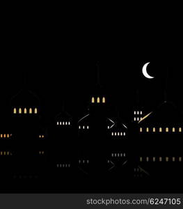 Silhouette of Mosque Against Night Sky with Crescent Moon. Illustration Silhouette of Mosque Against Night Sky with Crescent Moon. Dark Background for Ramadan Kareem. Muslim Holy Month - Vector