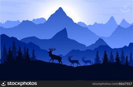 silhouette of mountains with trees and deer against the background of the setting sun in blue tones1
