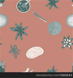 Silhouette of mulled wine spices seamless pattern on dusty pink background. Festive textile, web, wrapping paper, background fill.. Silhouette of mulled wine spices seamless pattern on dusty pink background