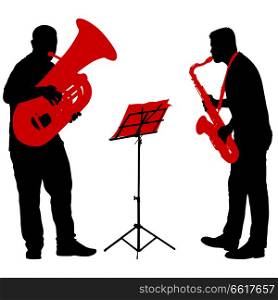 Silhouette of musician playing the saxophone and tuba on a white background.. Silhouette of musician playing the saxophone and tuba on a white background