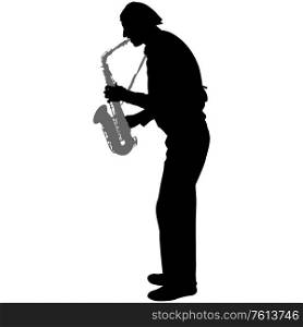 Silhouette of musician playing the saxophone on a white background.. Silhouette of musician playing the saxophone on a white background