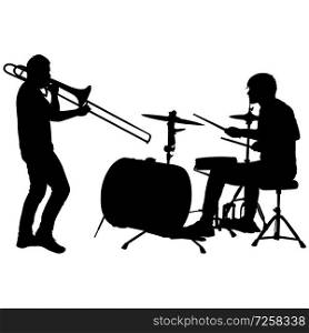 Silhouette of musician playing the trombone and drummer on a white background.. Silhouette of musician playing the trombone and drummer on a white background