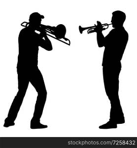 Silhouette of musician playing the trombone and trumpet on a white background.. Silhouette of musician playing the trombone and trumpet on a white background