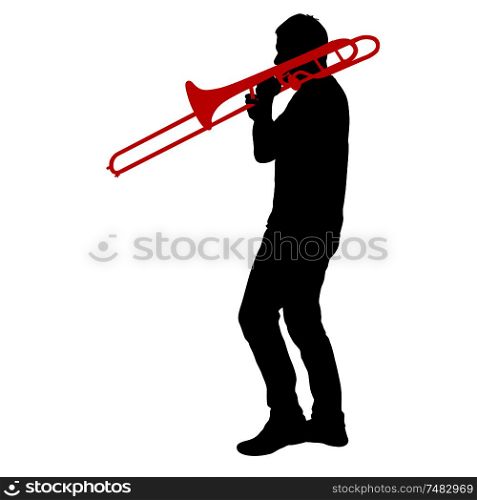 Silhouette of musician playing the trombone on a white background.. Silhouette of musician playing the trombone on a white background