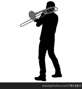 Silhouette of musician playing the trombone on a white background.. Silhouette of musician playing the trombone on a white background