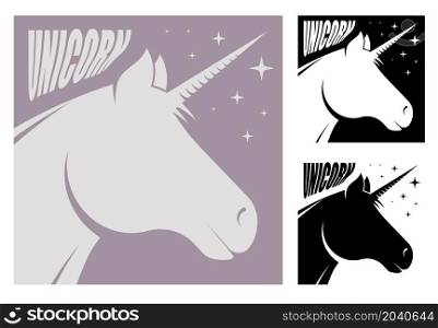 Silhouette of mythical Unicorn horse head. Unicorn emblem with magic horn. Isolated vector on white background. Simple black and white vector isolated on white background