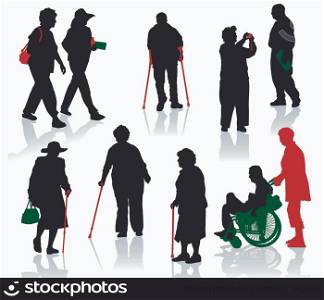 Silhouette of old and disabled people.