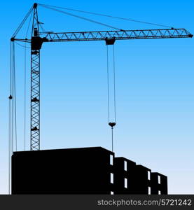 Silhouette of one cranes working on the building on a blue background