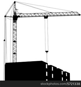 Silhouette of one cranes working on the building on a white background