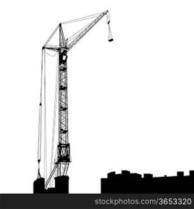 Silhouette of one cranes working on the building. Vector illustration.